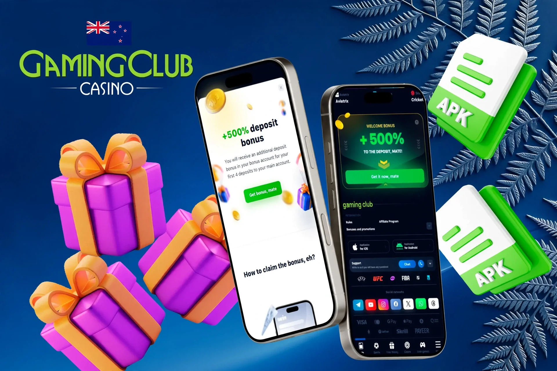 Gaming Club Casino mobile promotion with welcome bonuses and gift box illustration