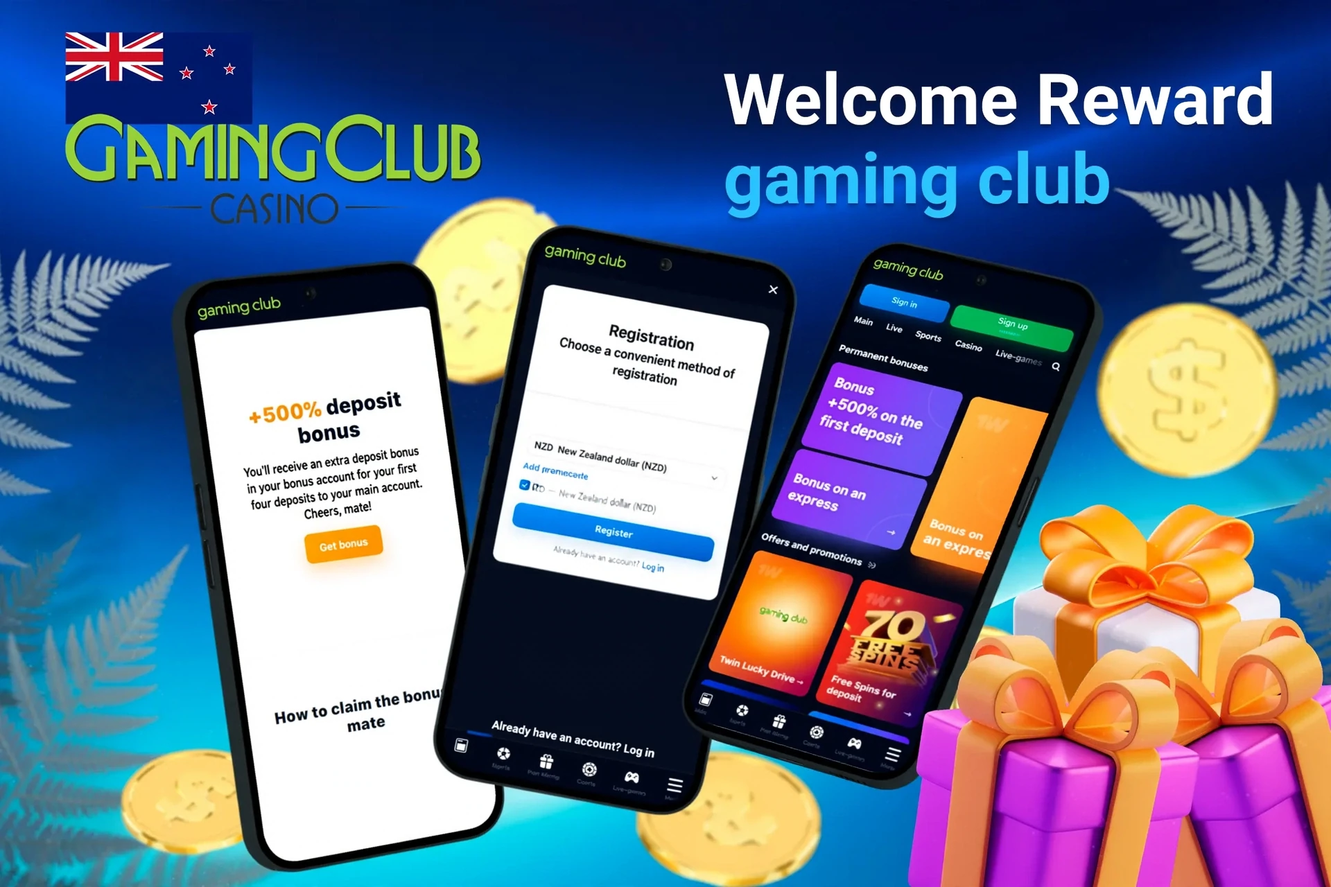 Mobile screens displaying Gaming Club Casino registration and welcome bonus with gift boxes