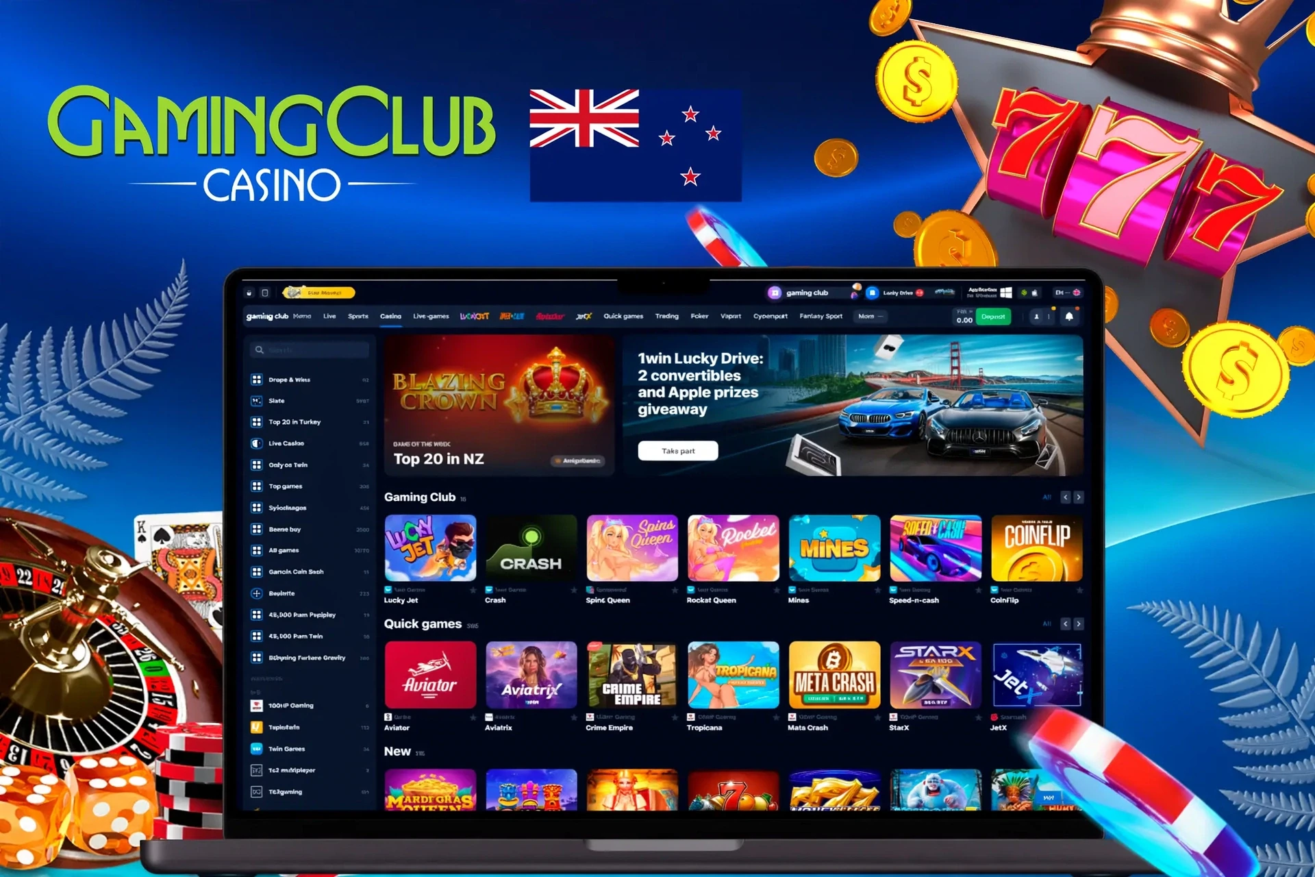 Gaming Club Casino homepage with various slot and crash games, including Lucky Jet and Blazing Crown