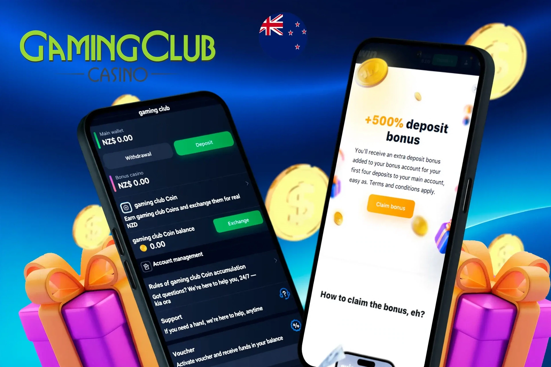 deposit and withdrawal screen showing wallet balance, account management options, and welcome bonus offer (100% up to NZ$200 first deposit + 100% up to NZ$150 second deposit and 10 daily spins)