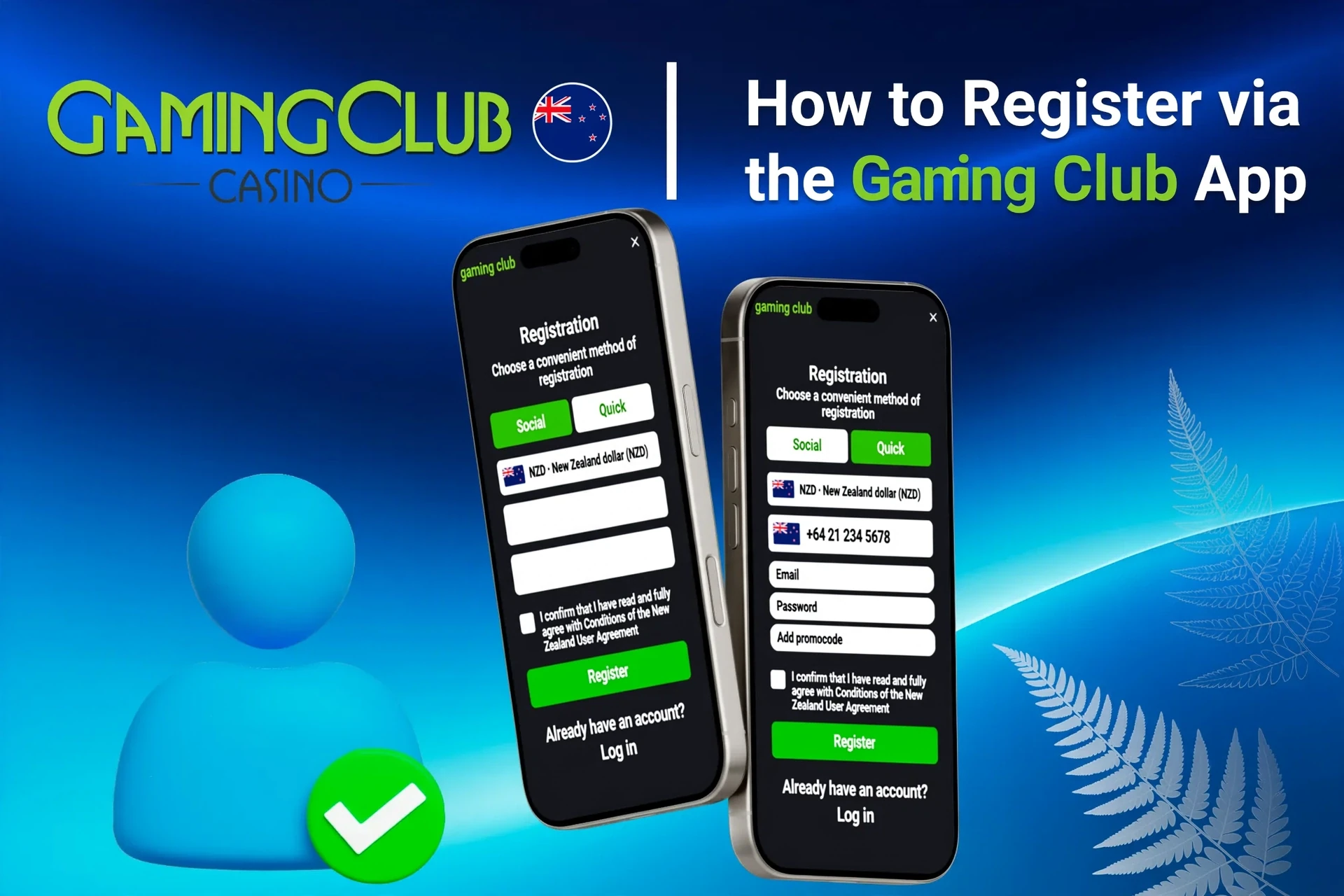 Registration process on the Gaming Club Casino mobile app with social login options