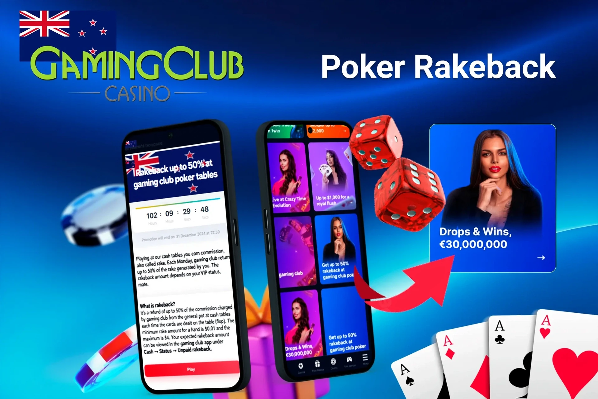 Mobile app with Gaming Club Casino poker rakeback offer up to 50%, red dice, and playing cards