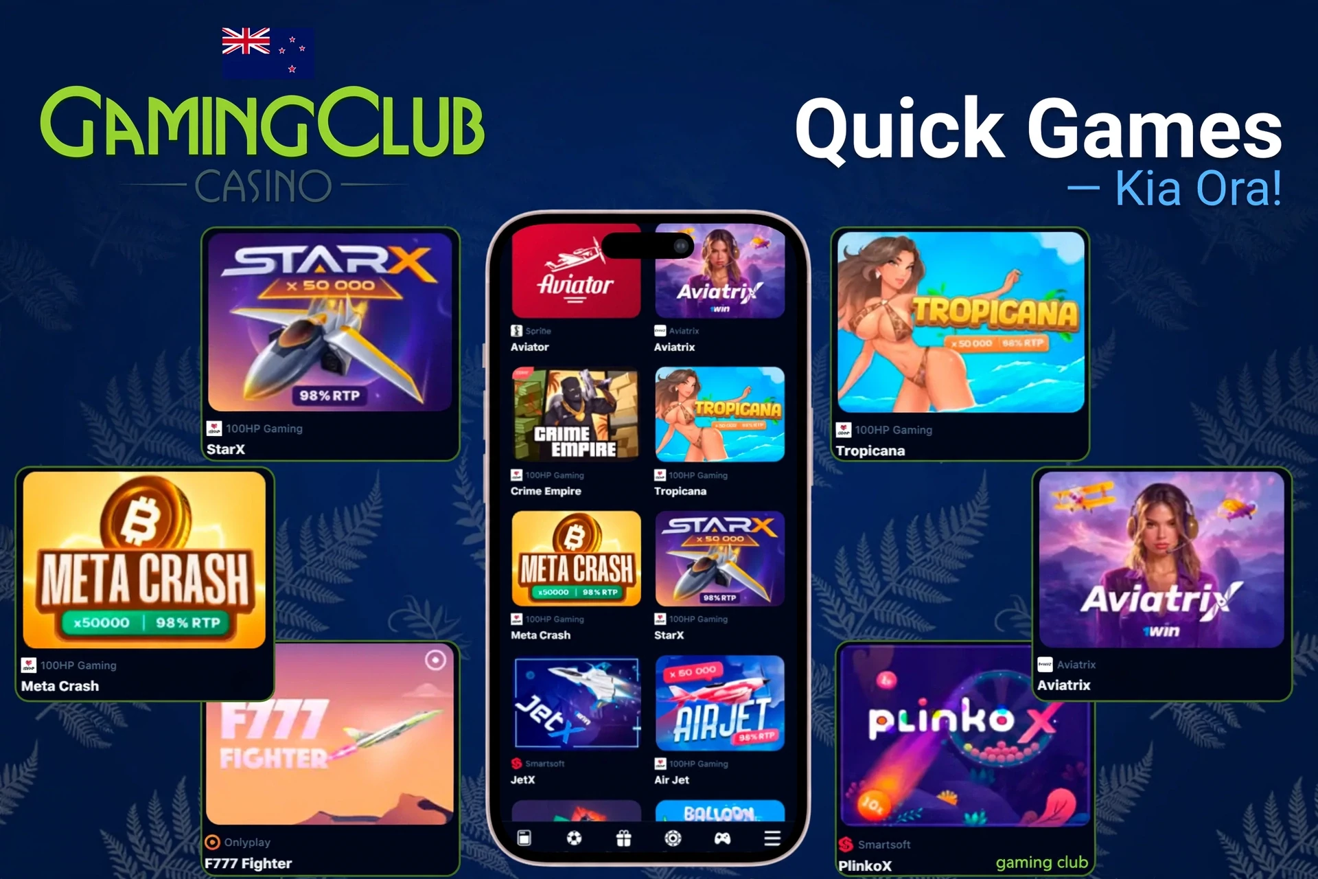 quick games section with titles like StarX, Tropicana, Meta Crash, and PlinkoX highlighted on mobile app