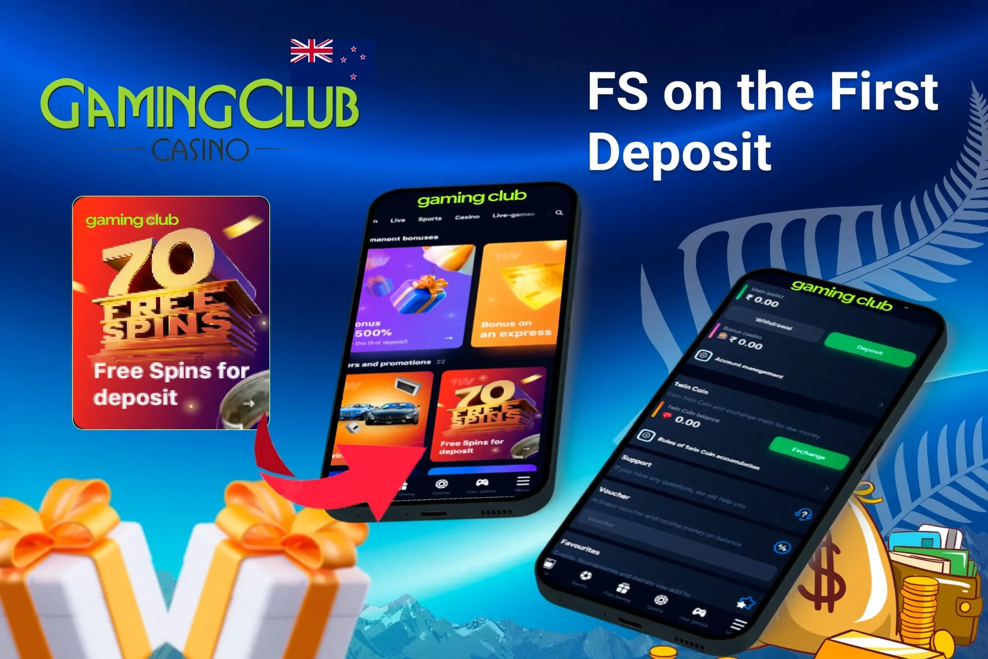 Mobile app showing casino promotions such as loyalty rewards and free spins with poker chips and cards