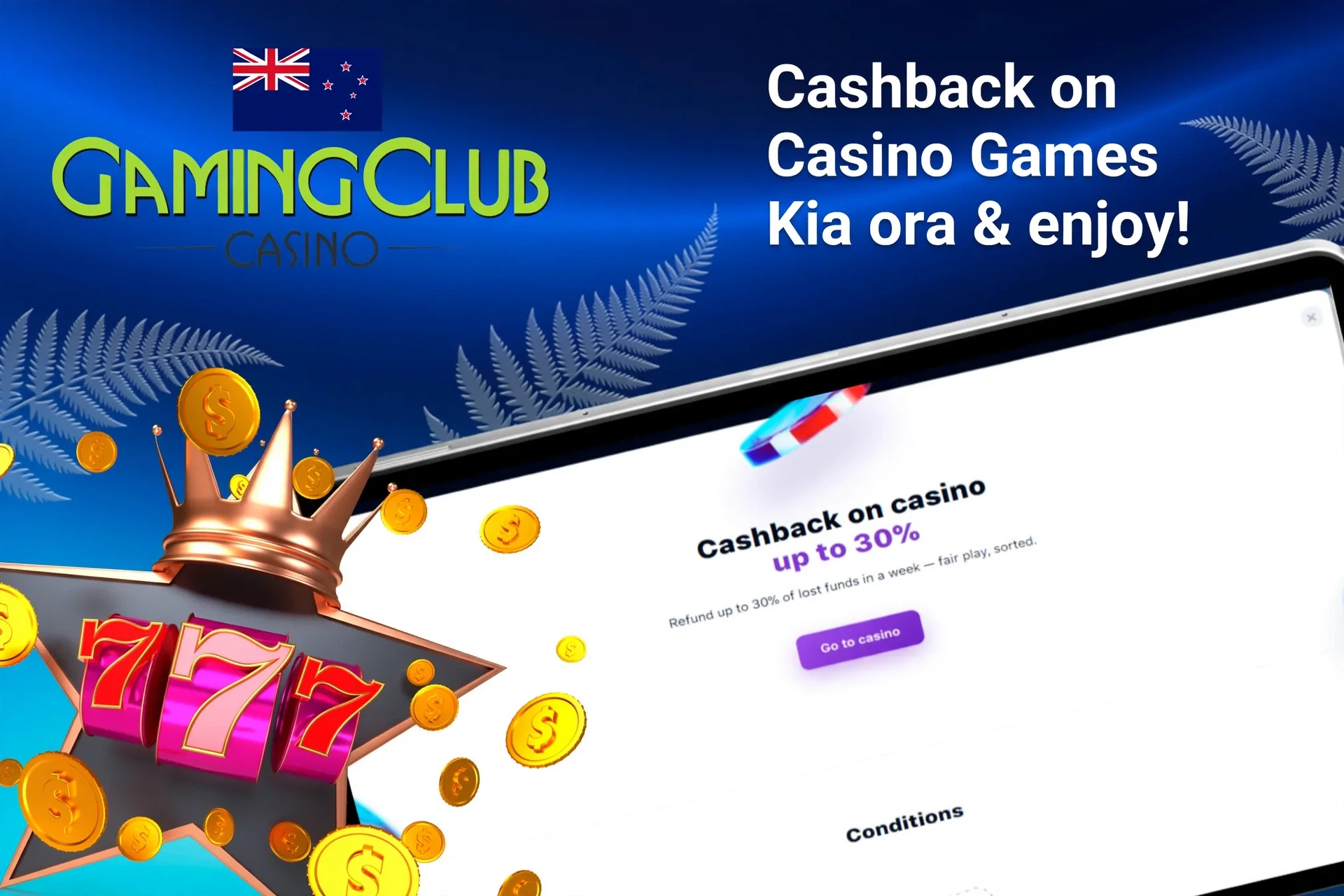Mobile app with Gaming Club Casino poker rakeback offer up to 50%, red dice, and playing cards