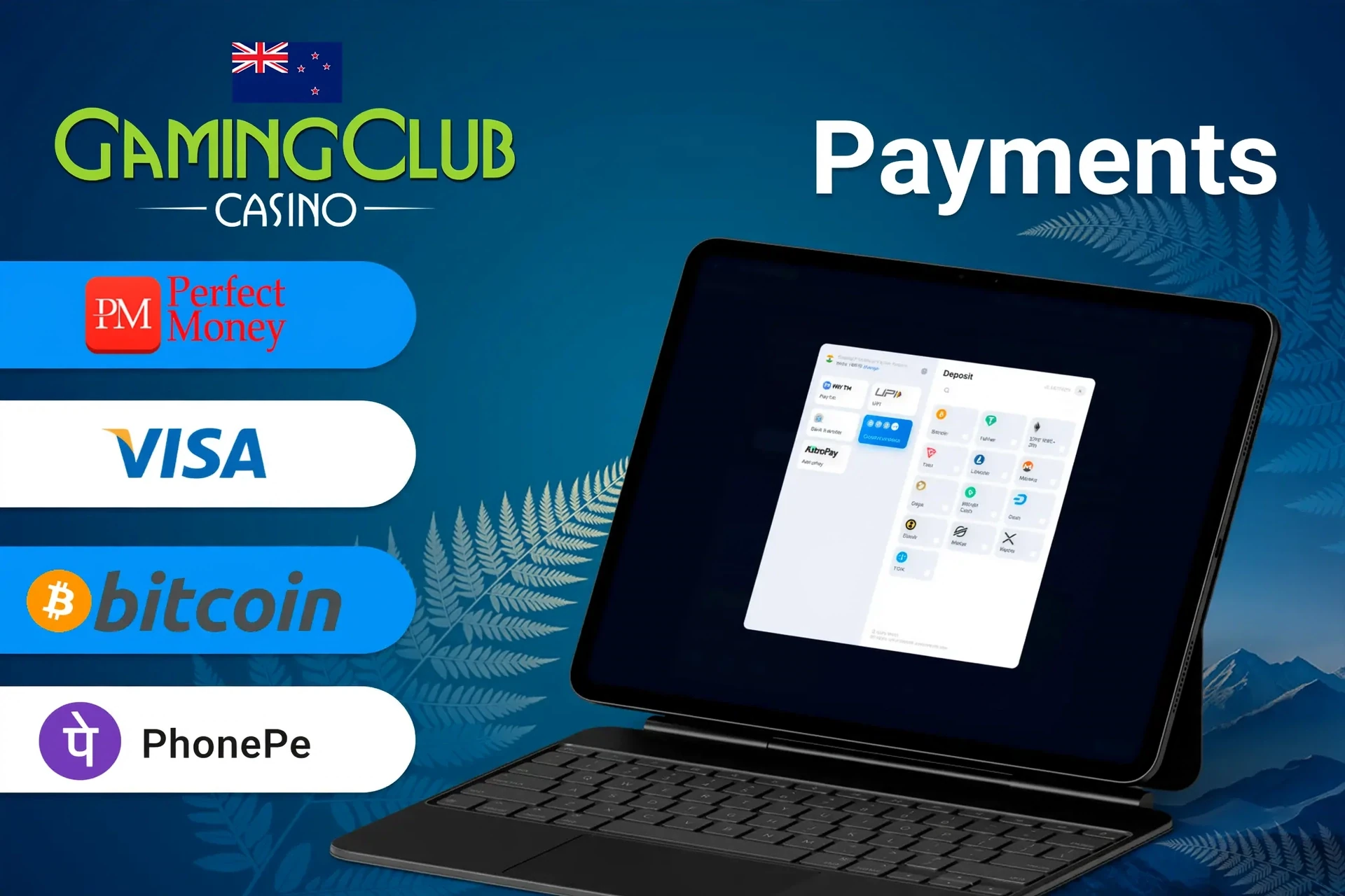 Gaming Club Casino payment methods including Perfect Money, Visa, Bitcoin, and POLi for fast and secure transactions