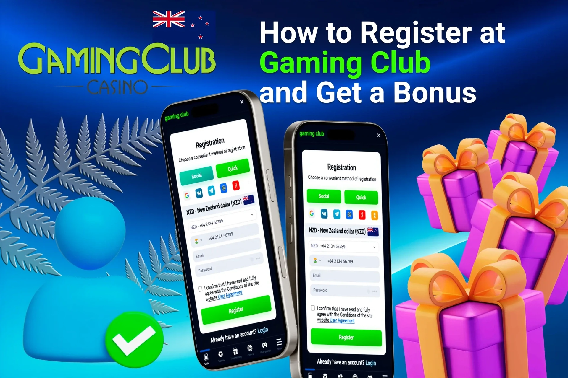 Mobile registration page for Gaming Club Casino showing bonus offers with purple and gold gift boxes