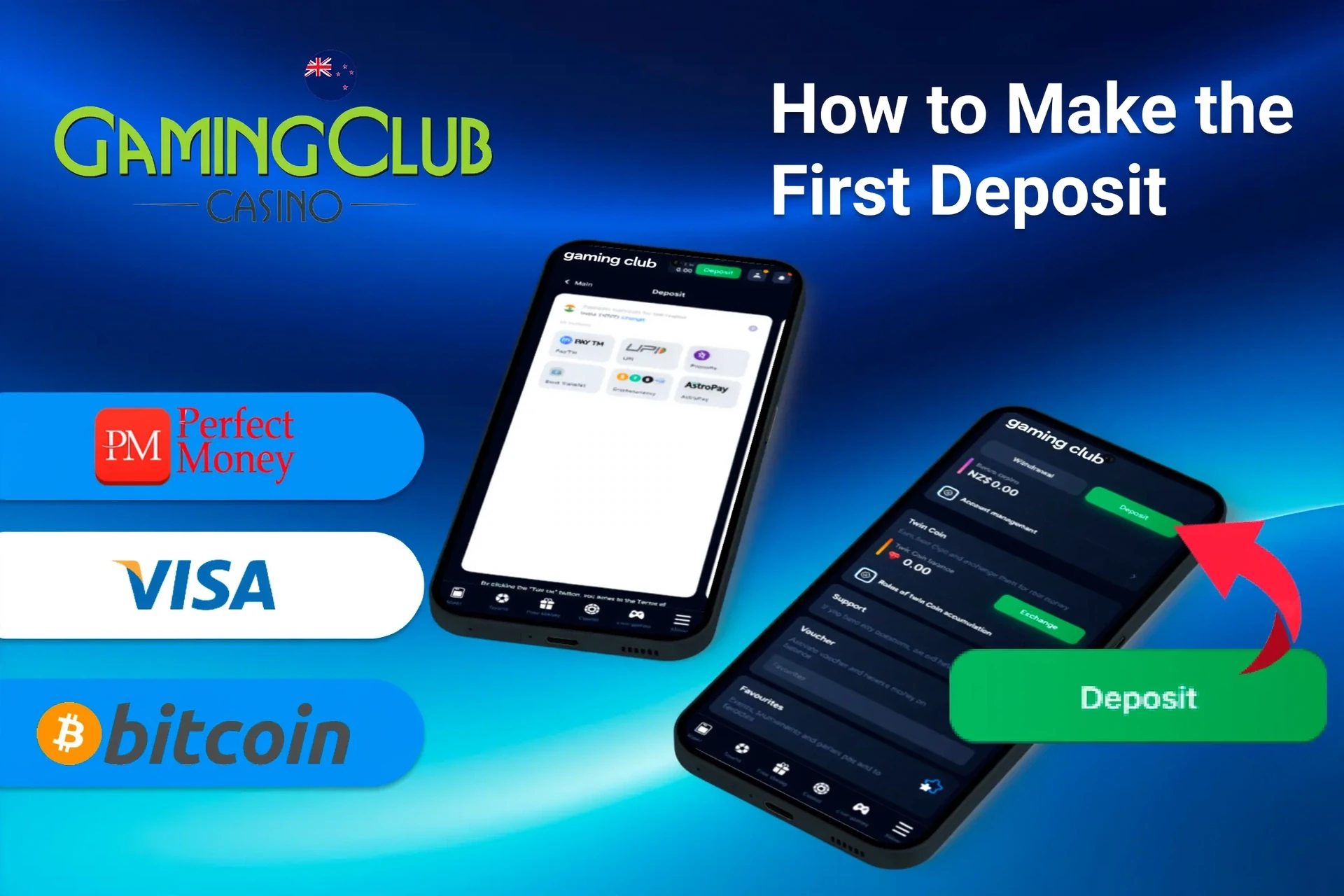 mobile app displaying deposit options including Perfect Money, Visa and Bitcoin, with a deposit button
