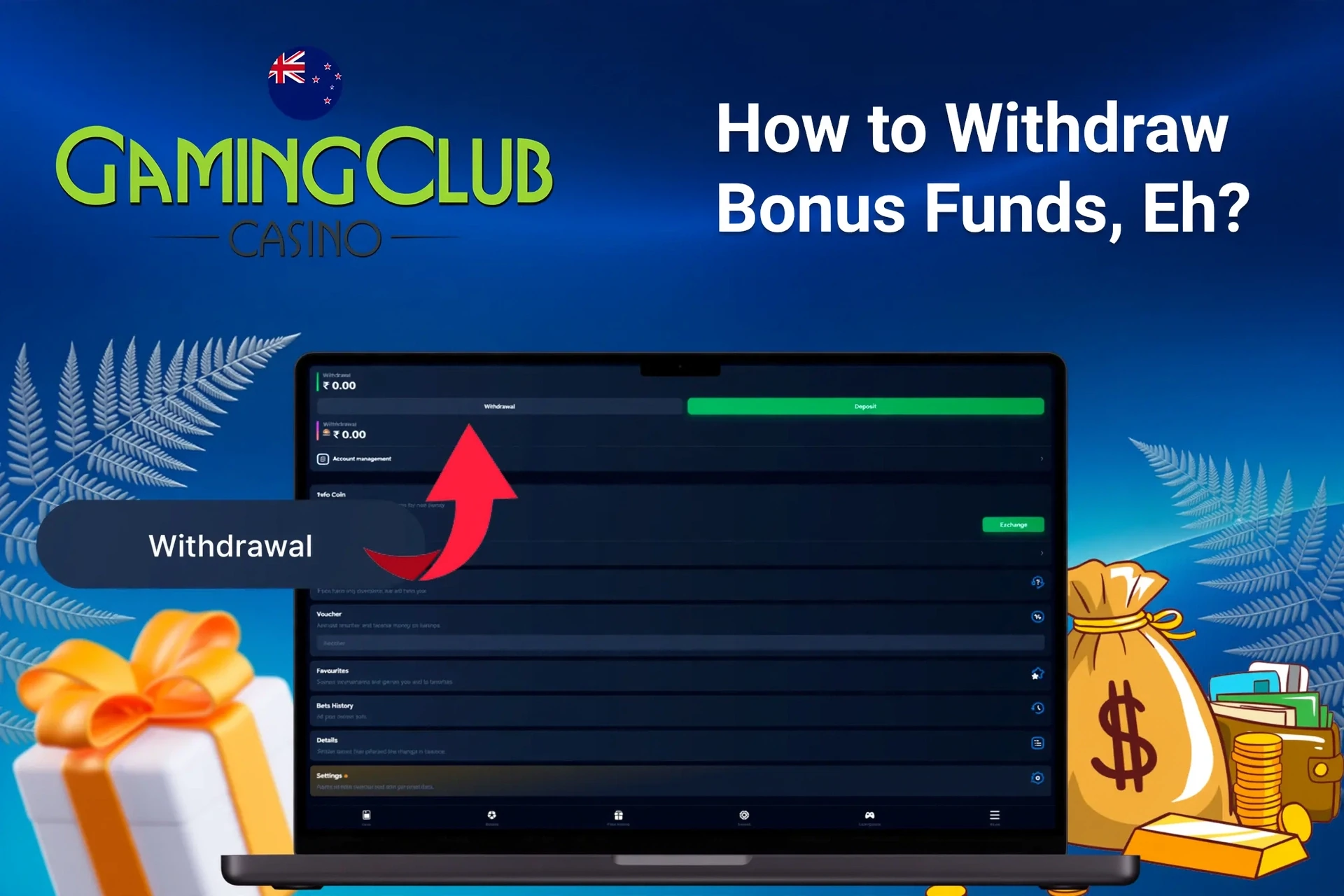 Laptop screen showing Gaming Club Casino withdrawal options with money bags and gift boxes in the background