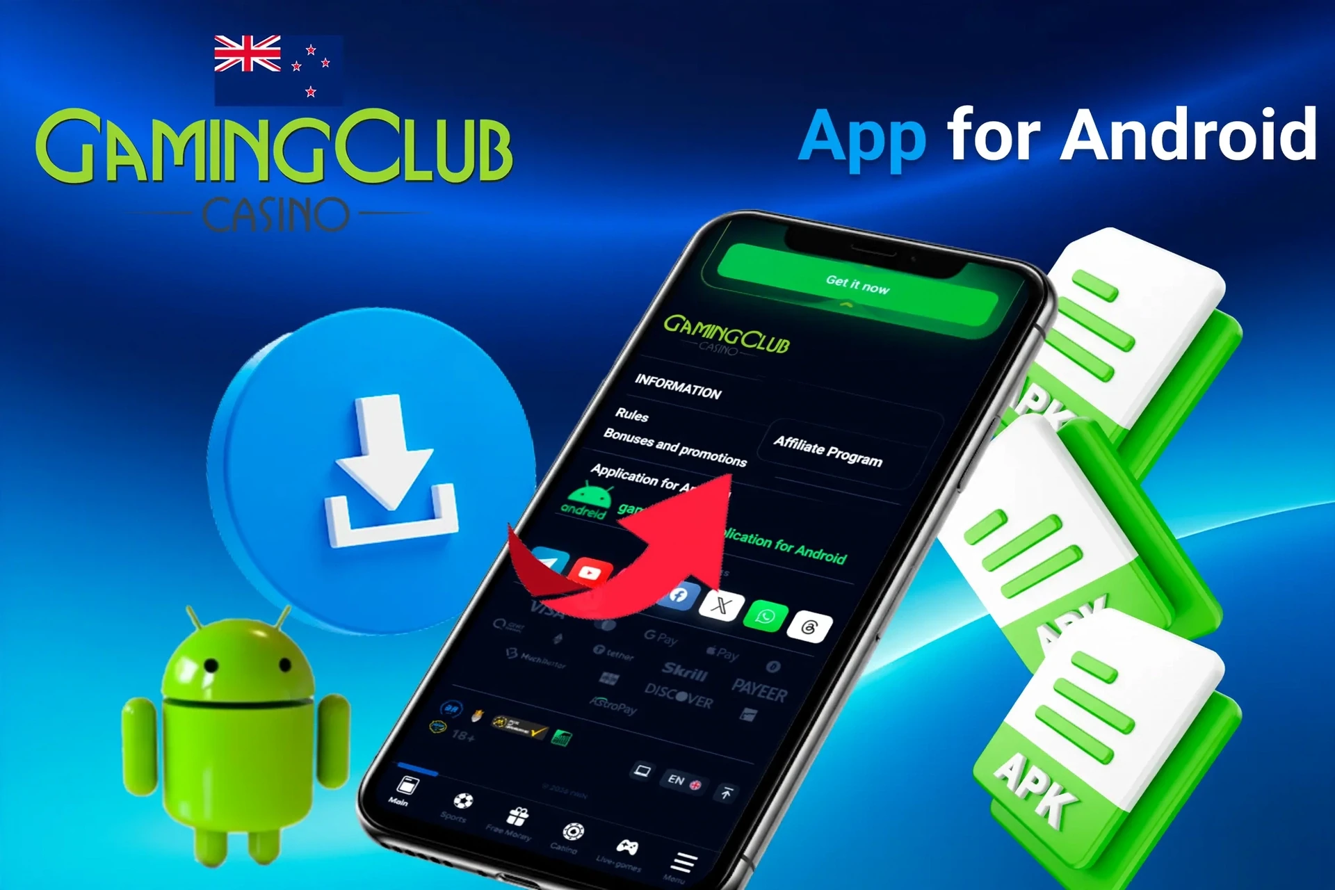Gaming Club Casino Android access process with APK icons and Android mascot