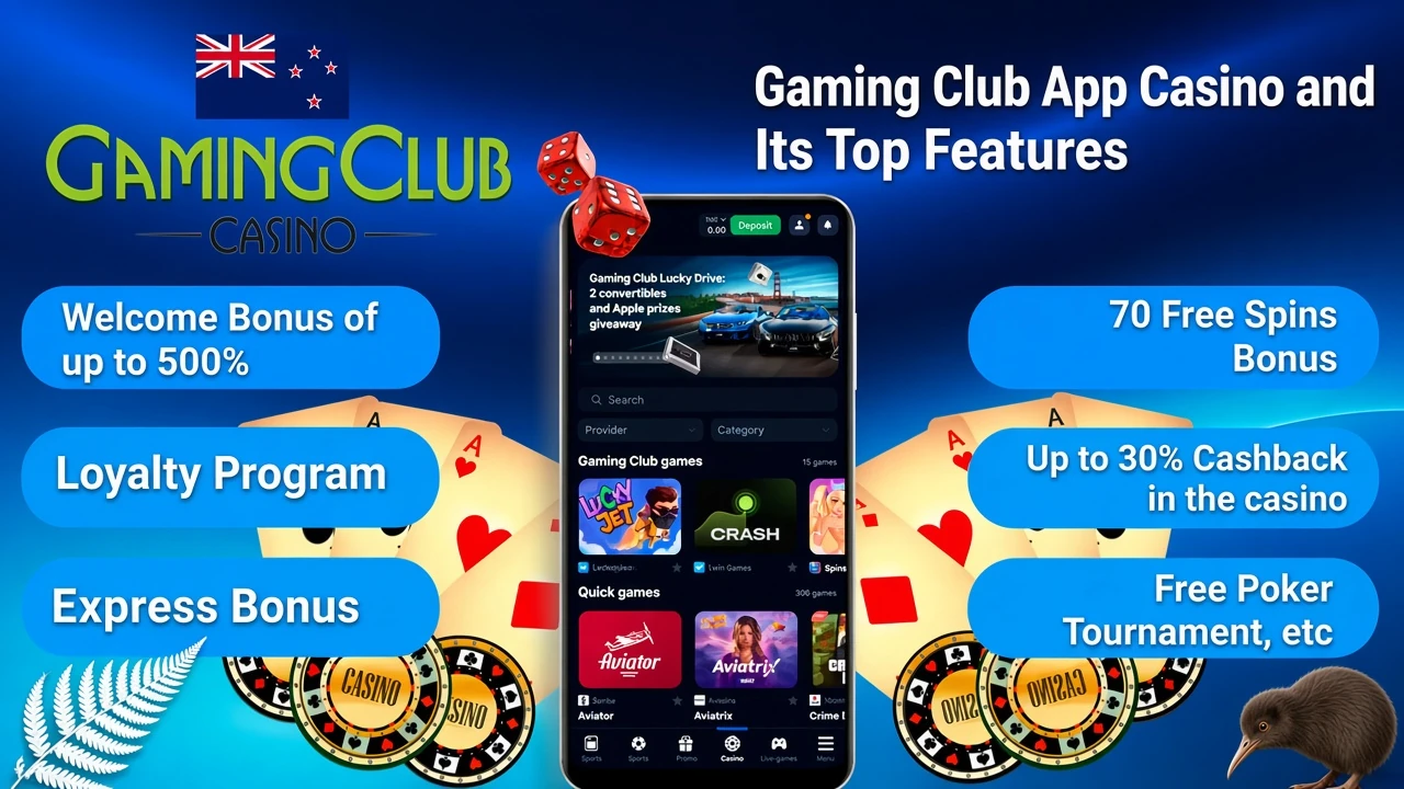 Gaming Club Casino top features including welcome bonus, loyalty program, and express bonus on mobile interface