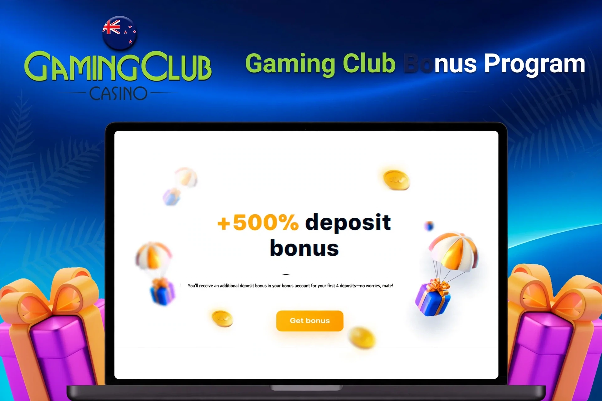 Laptop showing bonus offer of +500% deposit bonus with floating coins and gifts