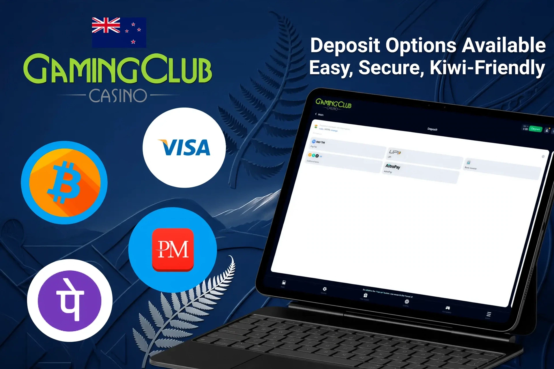 Deposit options available on Gaming Club Casino platform, including Bitcoin, Visa, Apple Pay, and other popular payment methods, displayed on a tablet