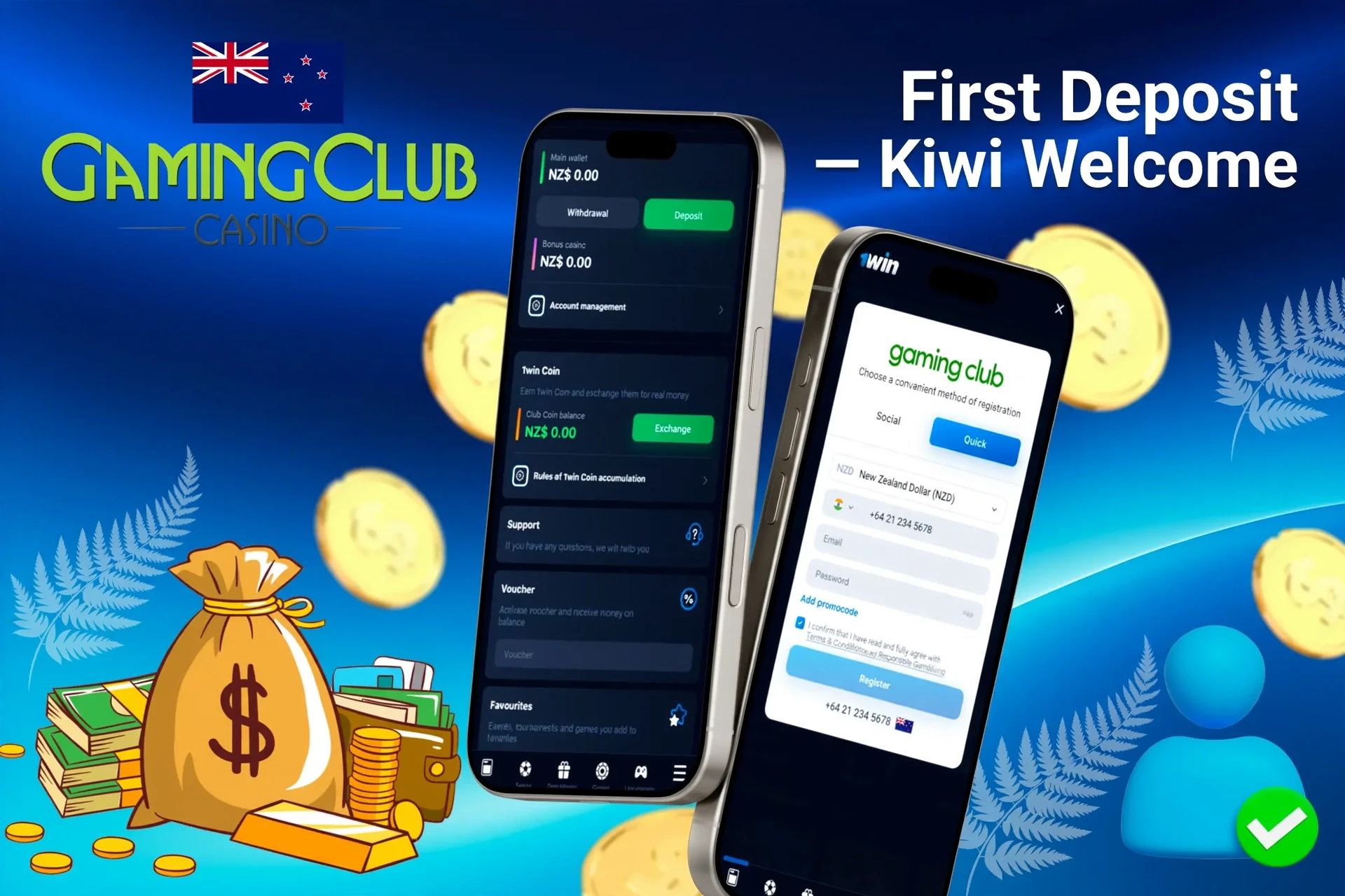 mobile interface showing steps to make the first deposit, with icons for payment options and bonus registration