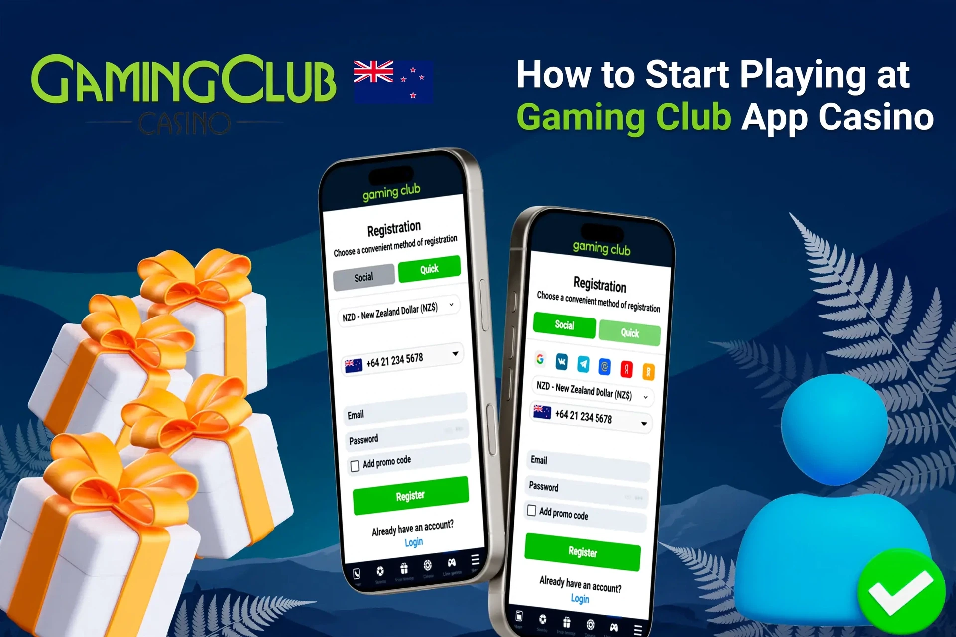 Gaming Club Casino registration screen on mobile with easy-to-follow steps and gift box icons
