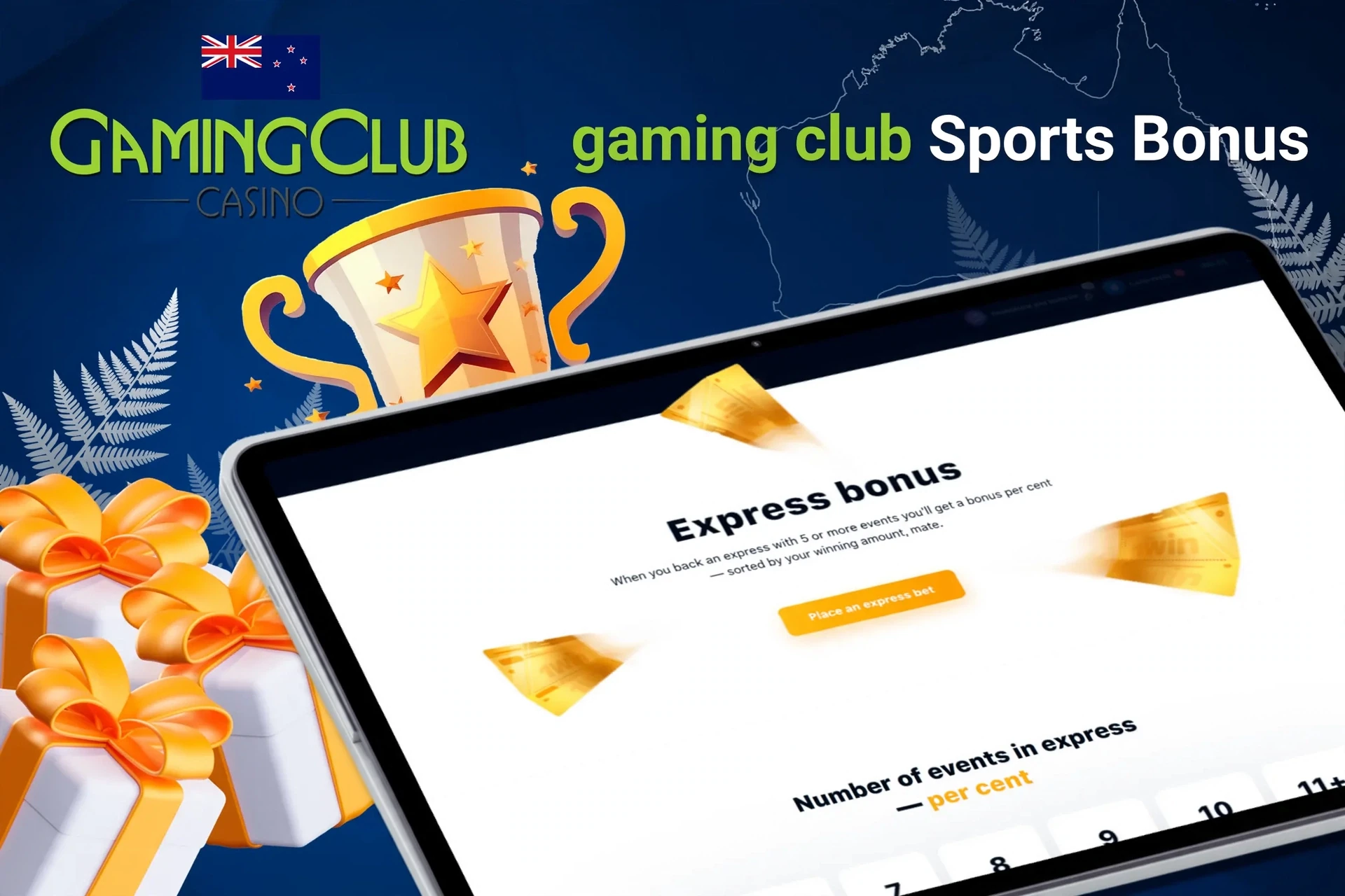 Tablet screen with express bonus offer for sports betting from Gaming Club Casino, with trophy and gift boxes.