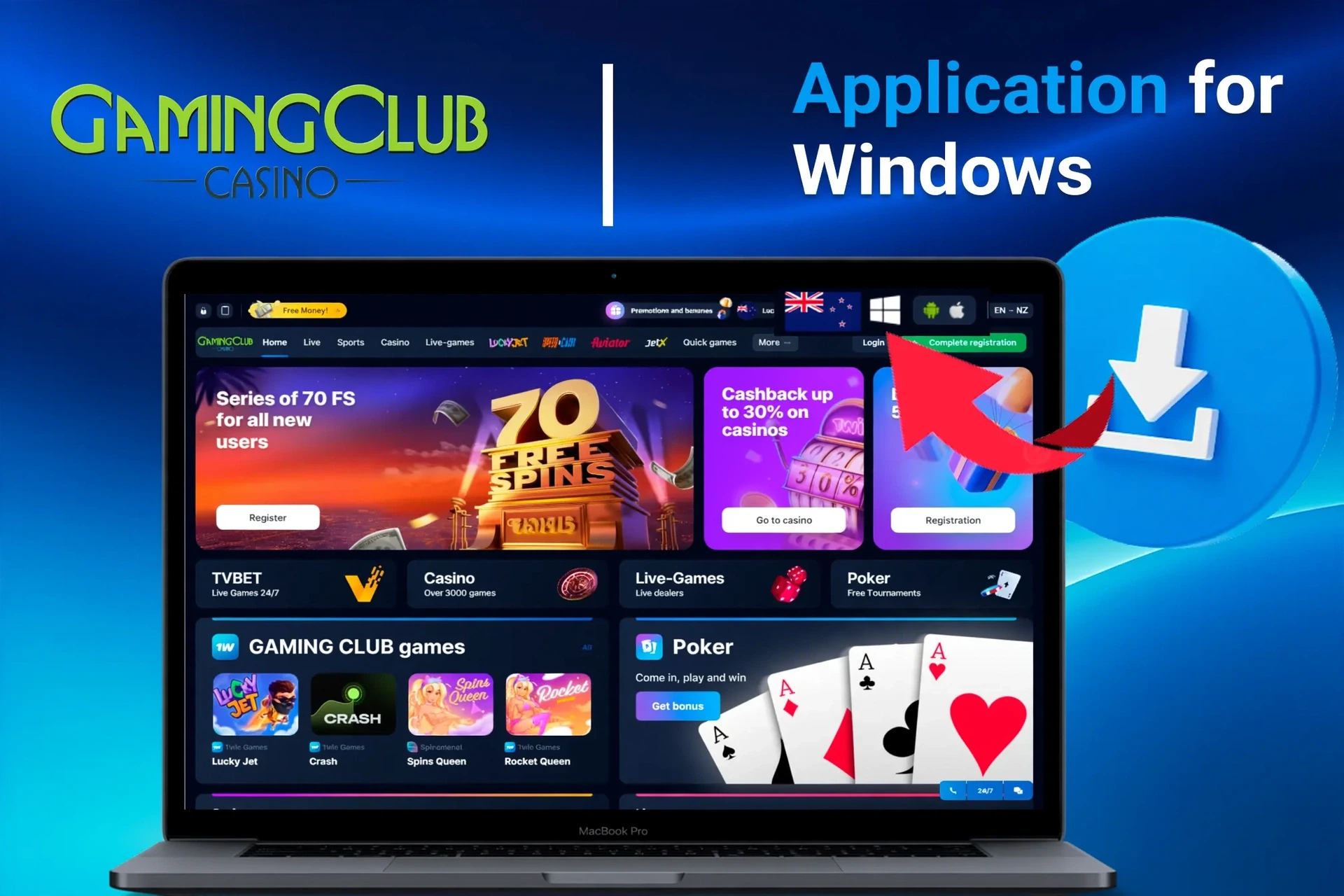 Access Gaming Club Casino on Windows through the browser with promotions and game options