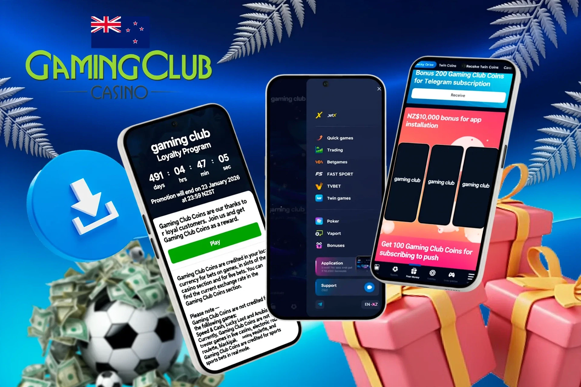Mobile screens showing loyalty program, app installation bonus, and football icon with download button