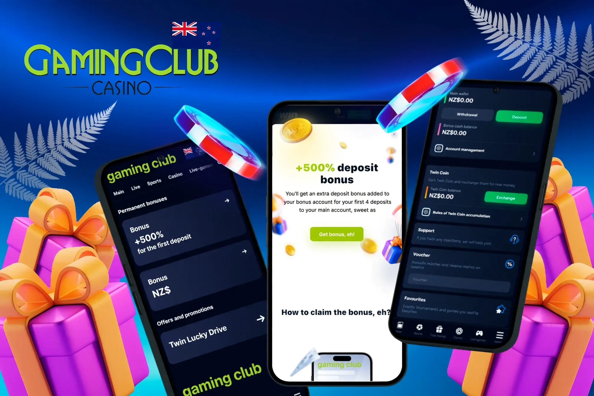 app showing instructions to claim the Gaming Club Casino welcome bonus on mobile with colorful gaming elements