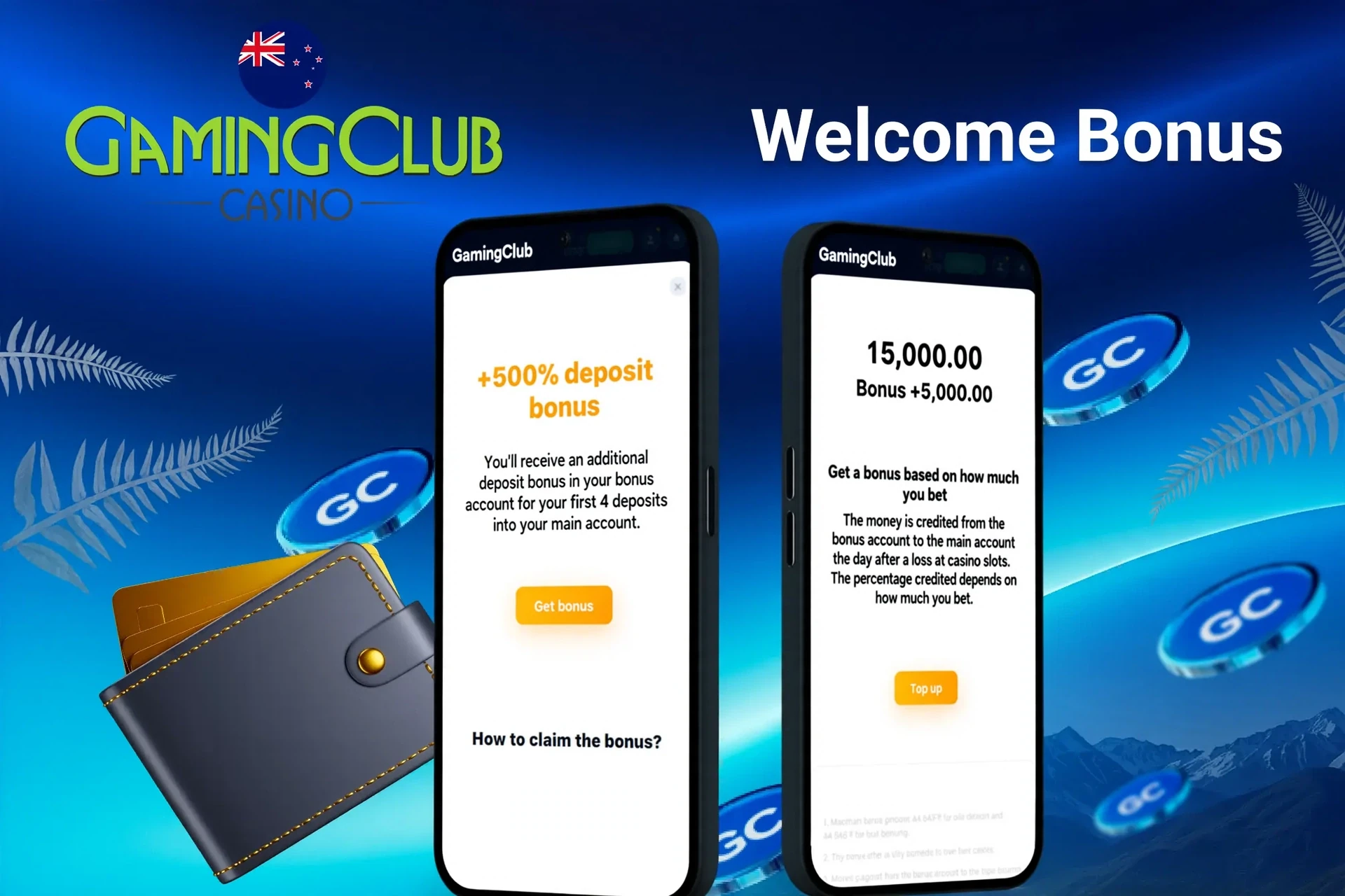 Gaming Club welcome bonus screen with +100% deposit bonuses for the first two deposits, displayed on two mobile screens
