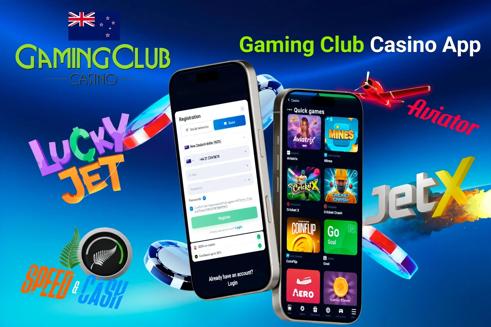Gaming Club Casino app registration screen with quick games like Aviatrix and JetX