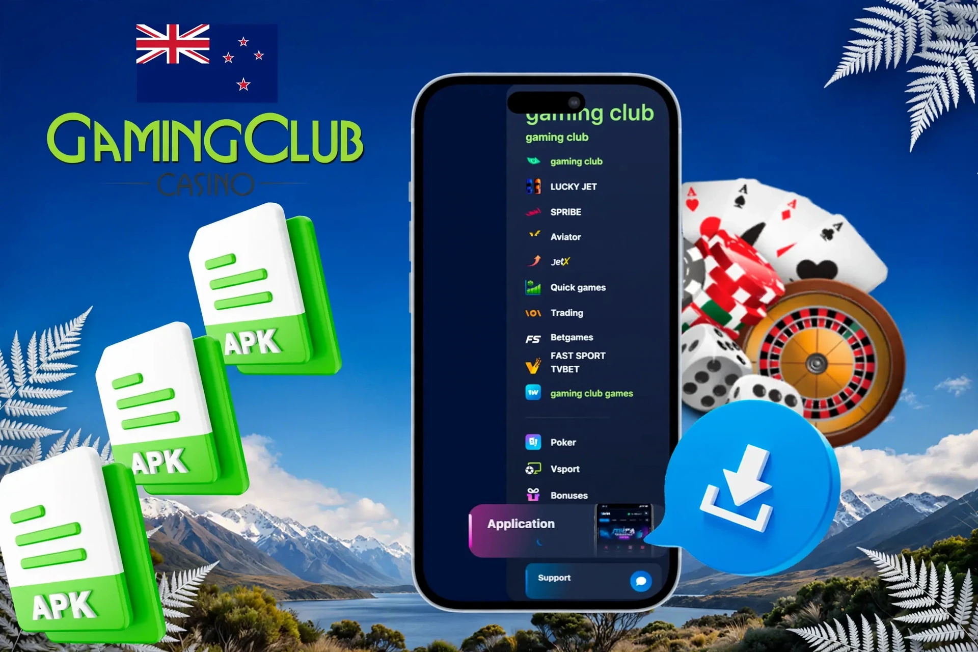 Gaming Club mobile site with icons and casino chips illustrating mobile access to Gaming Club games