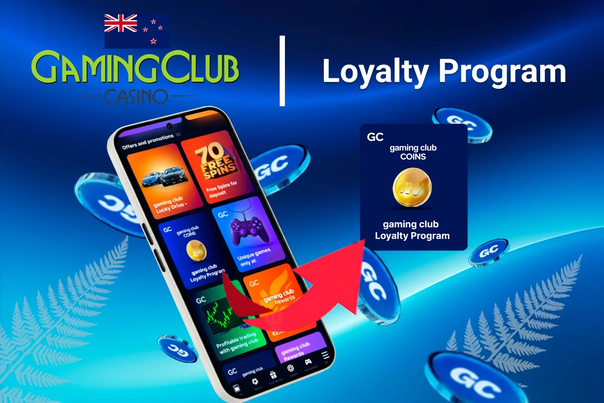 Mobile app showing Gaming Club Casino loyalty program and offers like free spins and Lucky Drive.