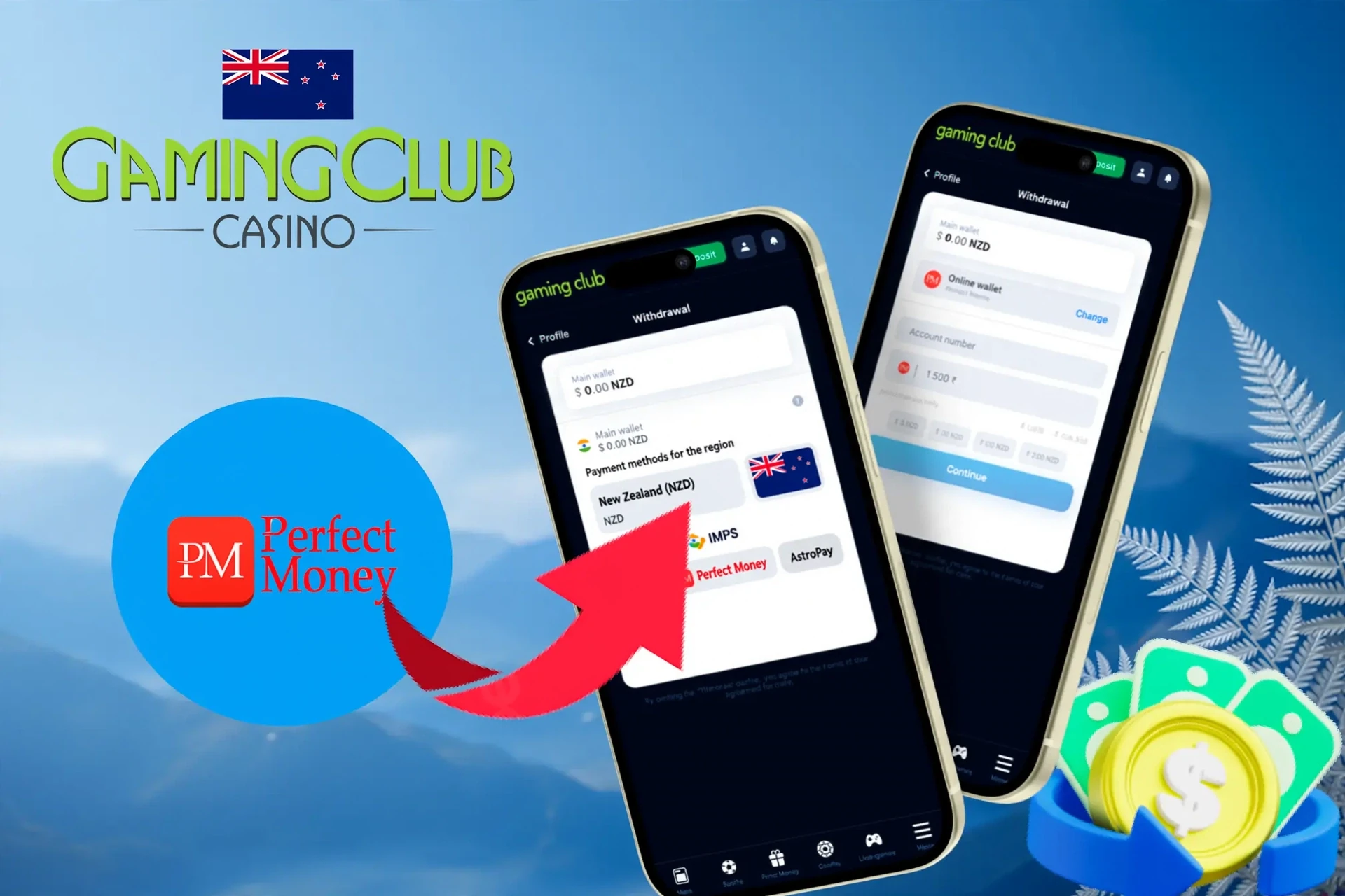 withdrawal options, featuring Perfect Money, Visa, and other wallet services, shown on a mobile interface