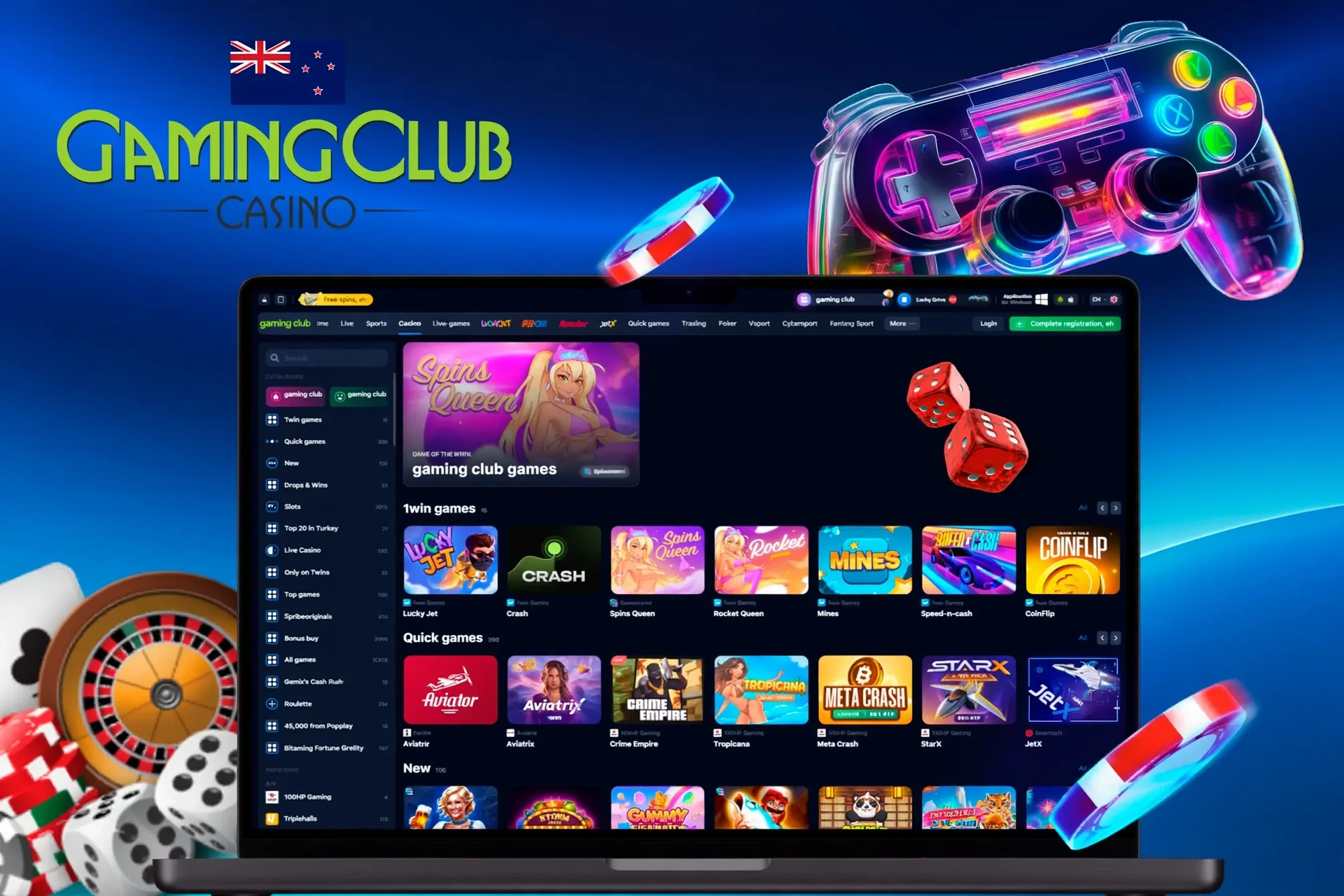 app interface showing a variety of games like Spins Queen, Crash, and Rocket Queen with a vibrant game controller icon