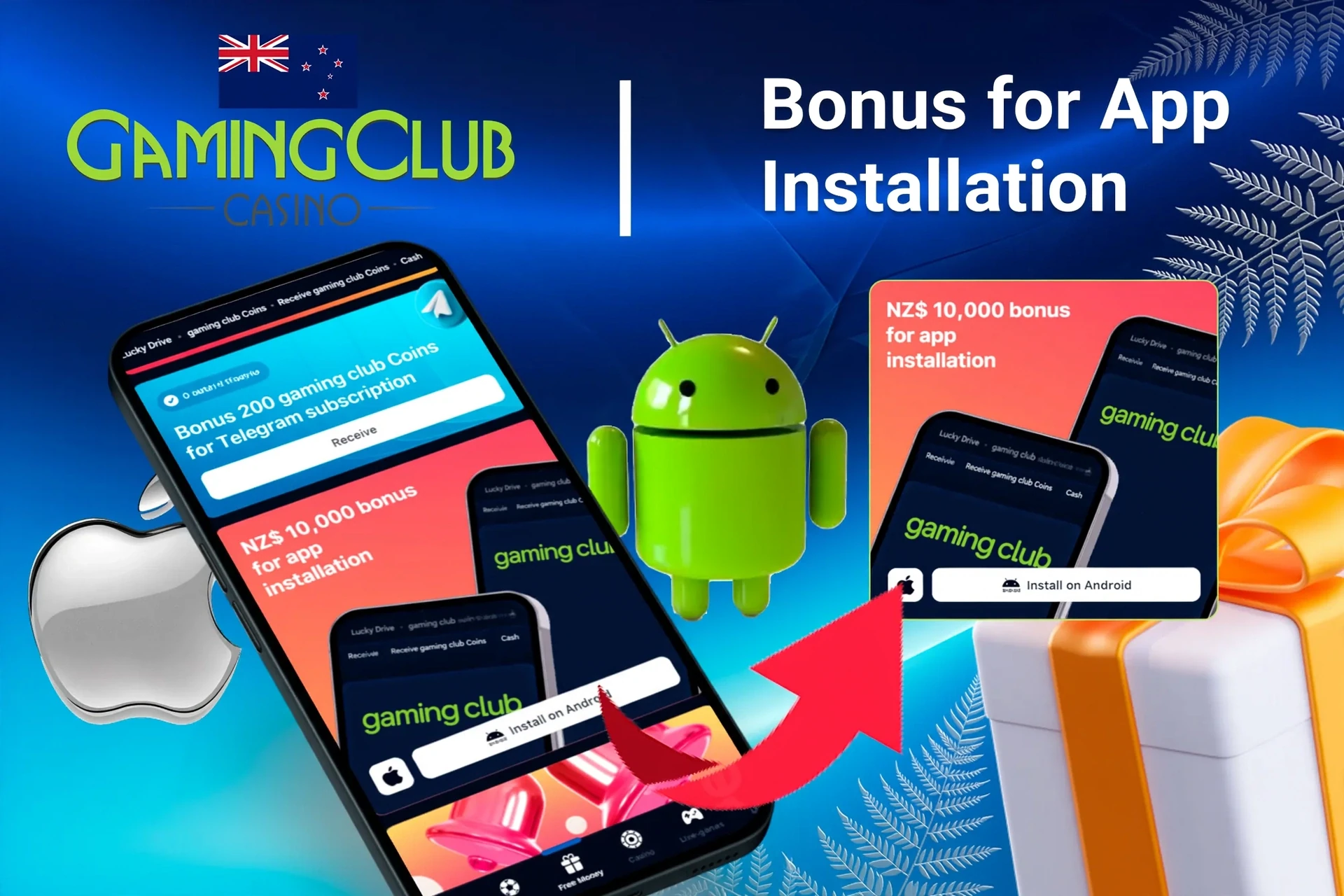 Gaming Club Casino bonus offer for app installation on mobile with Android and Apple logos, and gift boxes