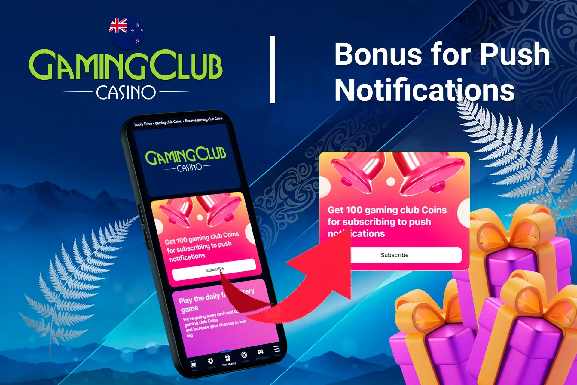 mobile app showing bonus offers and promotions with coins and poker-related graphics