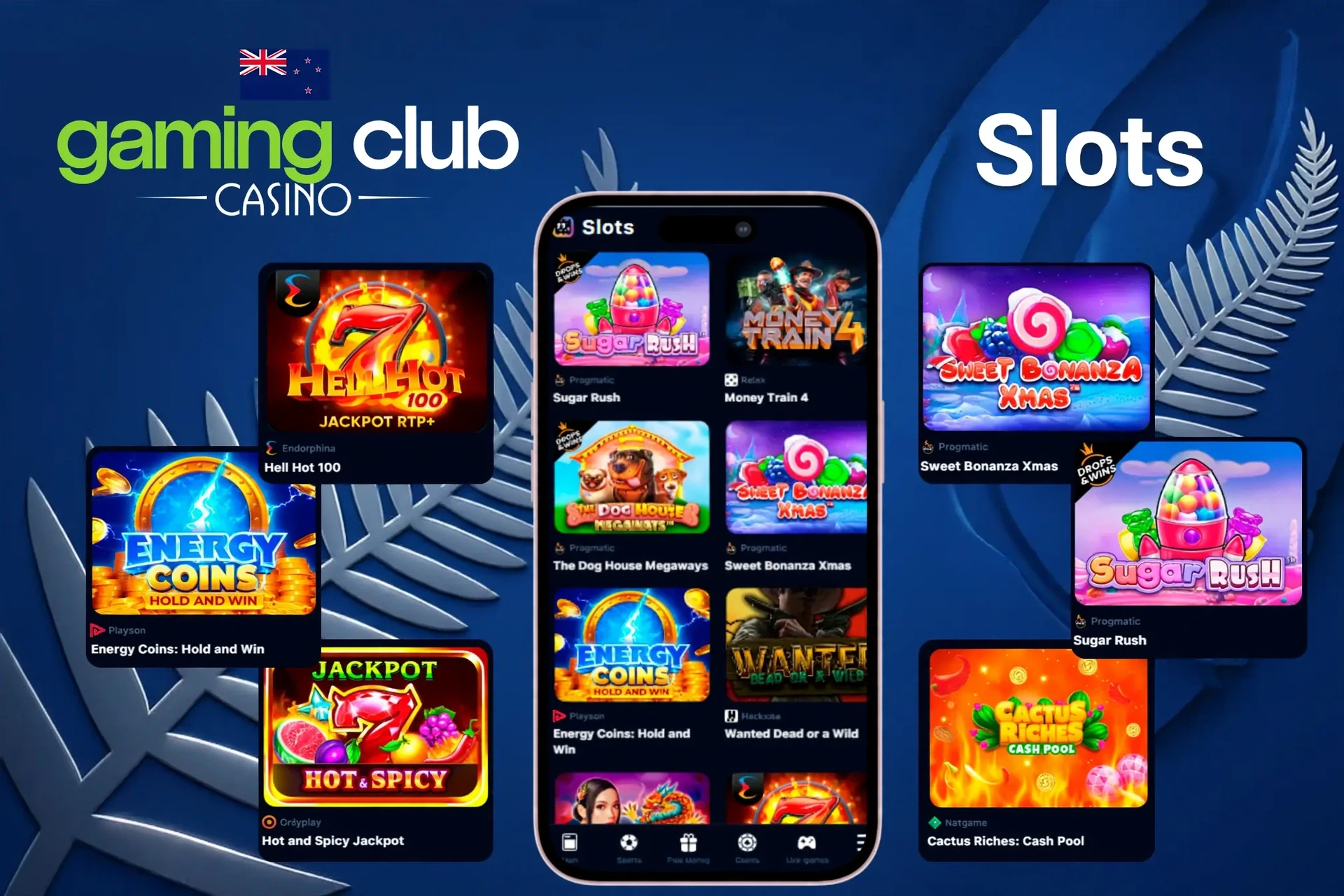 Slots games featuring popular titles like Sugar Rush, Energy Coins, and Hell Hot 100 on mobile and desktop