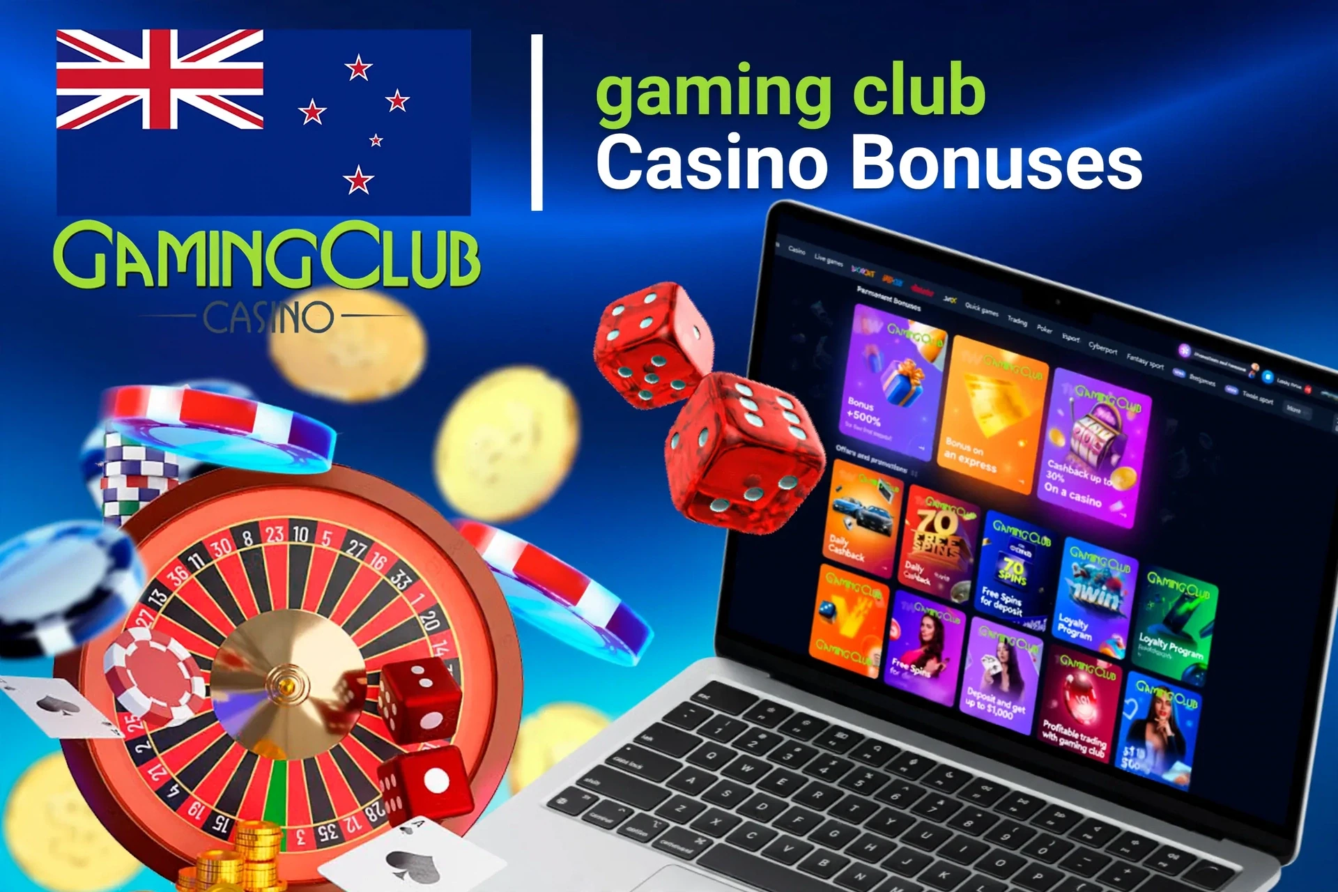 Laptop screen showing various Gaming Club Casino bonuses with roulette, dice, and poker chips