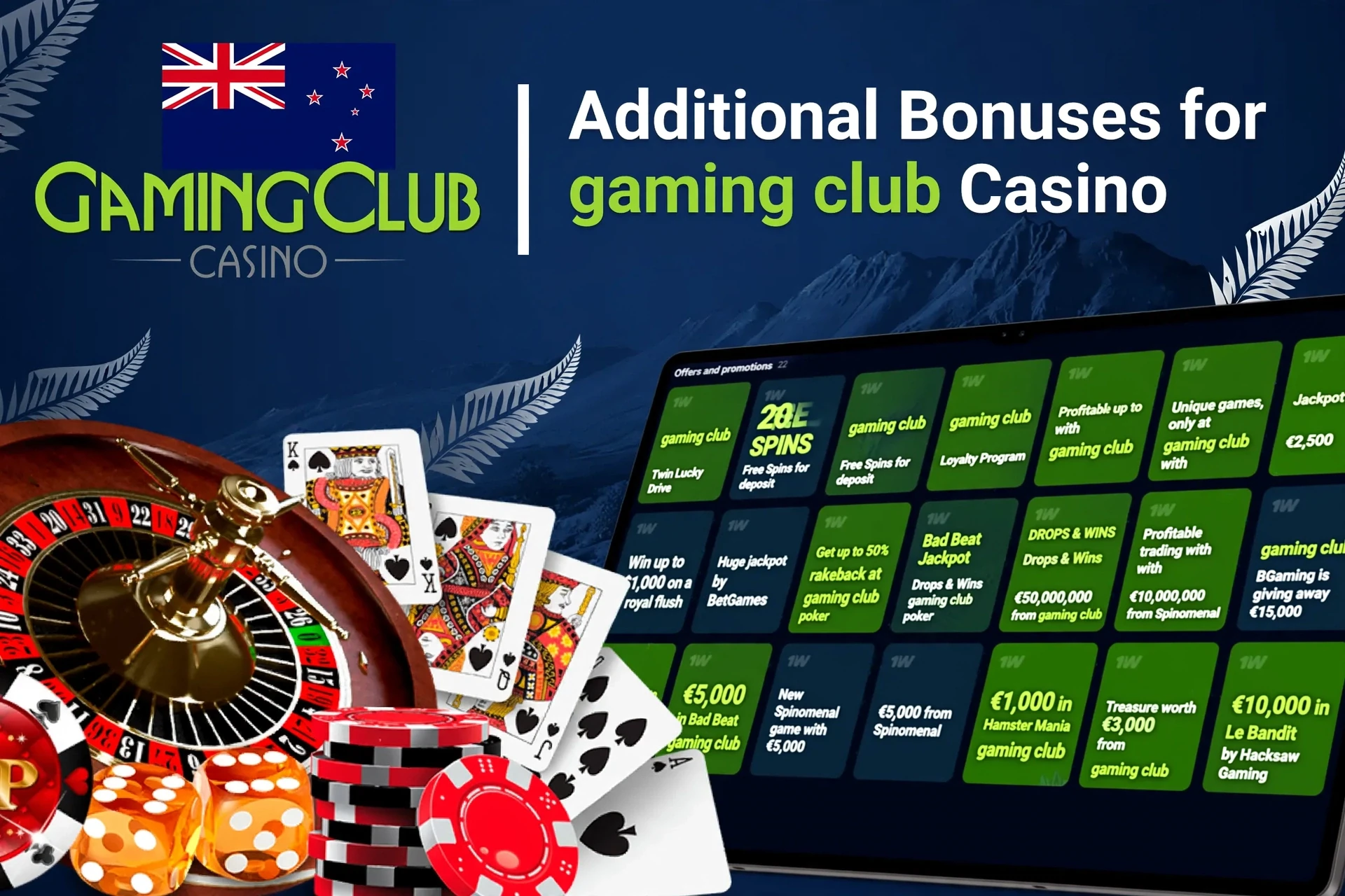 Mobile app showing casino game offers like loyalty program and free spins with poker chips and cards
